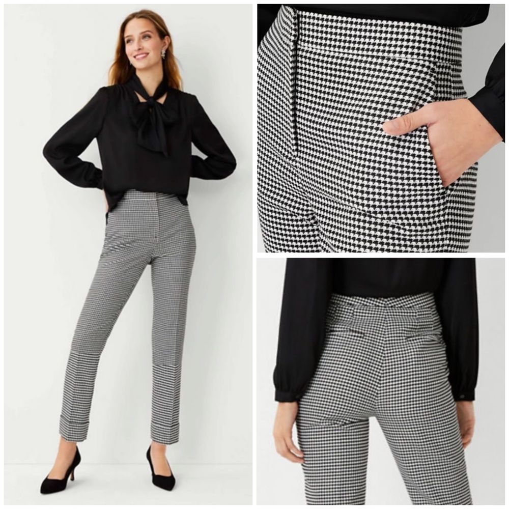 Ann‎ Taylor 00P Petite High Waist Everyday Ankle Pant in Houndstooth Black White